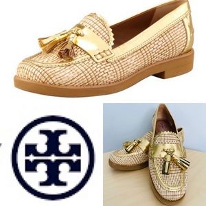 Tory Burch Careen Metallic-Raffia Runway Tassel Loafer Gold sz 6